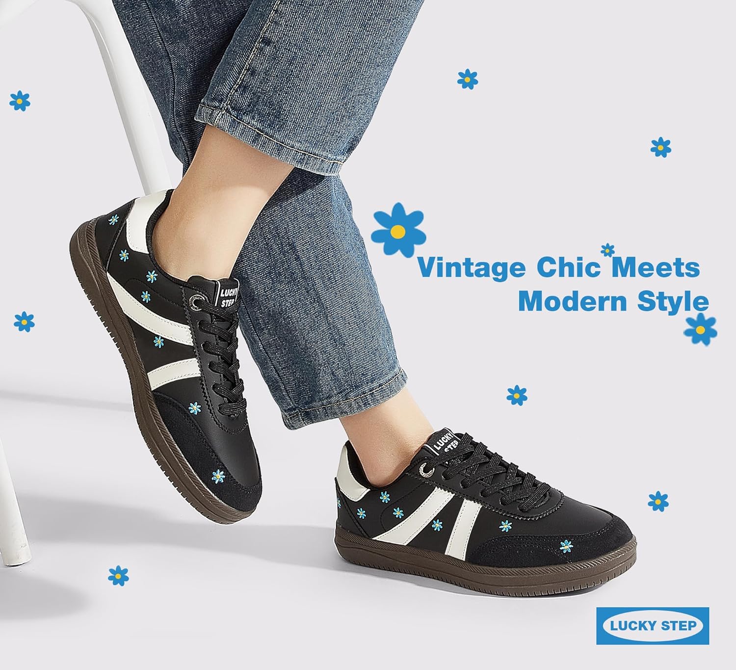 LUCKY STEP Women Classic Retro Tennis Sneakers Fashion Gum Sole Skate Casual Walking Shoe Anti Slip Floral Embroidery Comfortable Trainers - Image 6