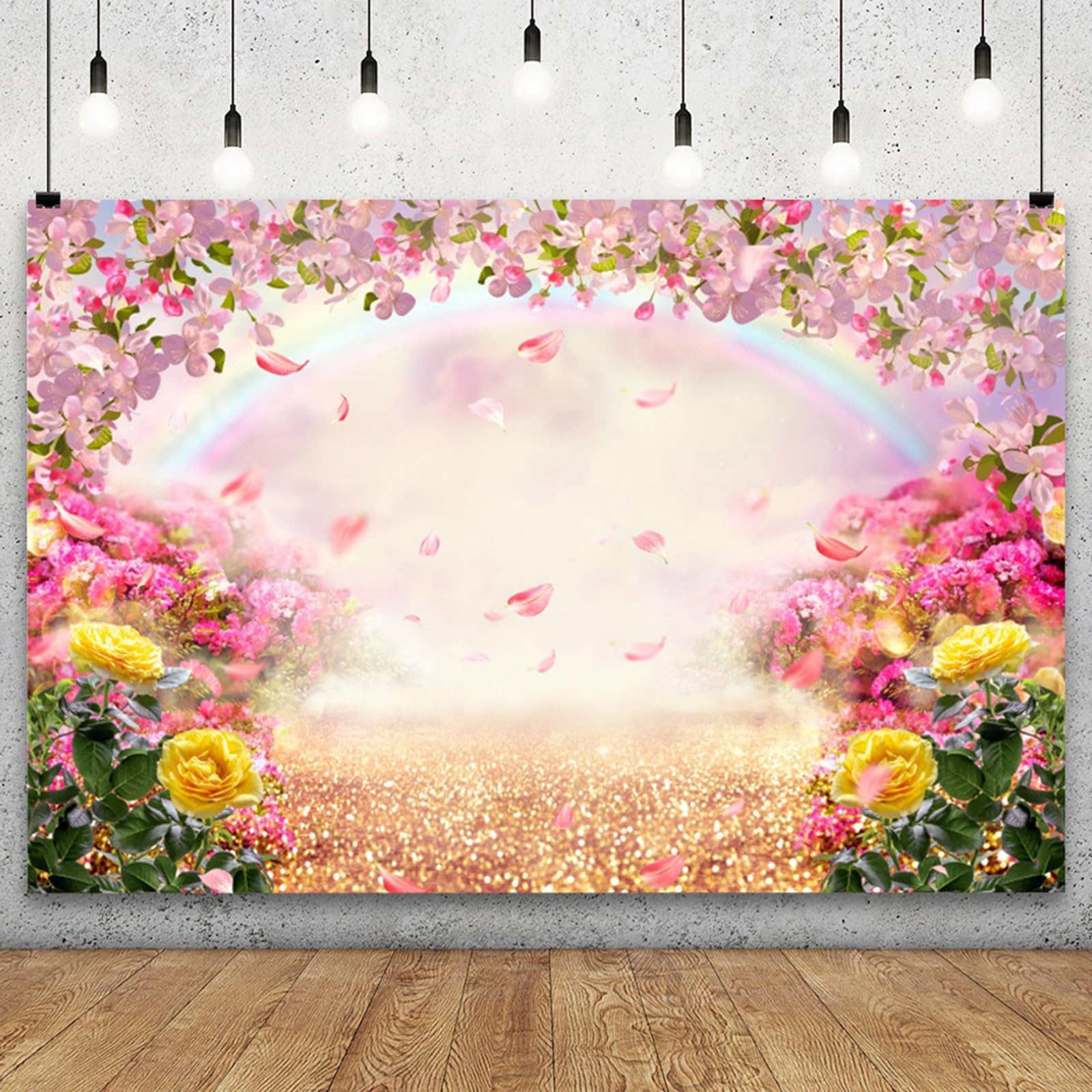 YongFoto 7x5ft Spring Floral Backdrop Pink Yellow Flowers Petal Rainbow Wonderland Dreamy Photography Background Baby Shower Girl Princess Birthday