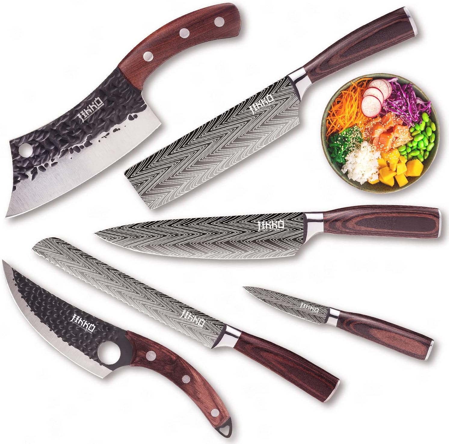 Jikko New Reinforced Carbon Steel Japanese Kitchen Knife Set โ DiamondRazor Series โ Ultra Sharp Japanese Knife Set & Chef Knife Set with Mahogany Wood Handles โ Professional Chef's Knives