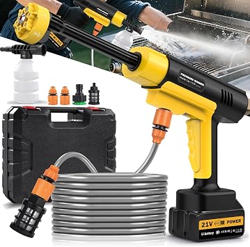Cordless Portable Washer, Handheld Washer, 130Bar, Washer with Foam Pot, Cleaner with 5m Elastic Hose, 6-in-1 Nozzle, Battery Operated Washer for Car Home Outdoor Patio Garden