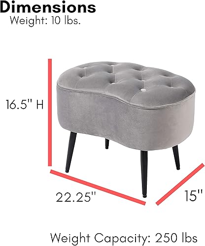 Miniatura 3 de BIRDROCK HOME Otomana de terciopelo oblonga copetuda, muebles de diseño moderno de mediados de siglo con patas de acero, suave, compacto, taburete