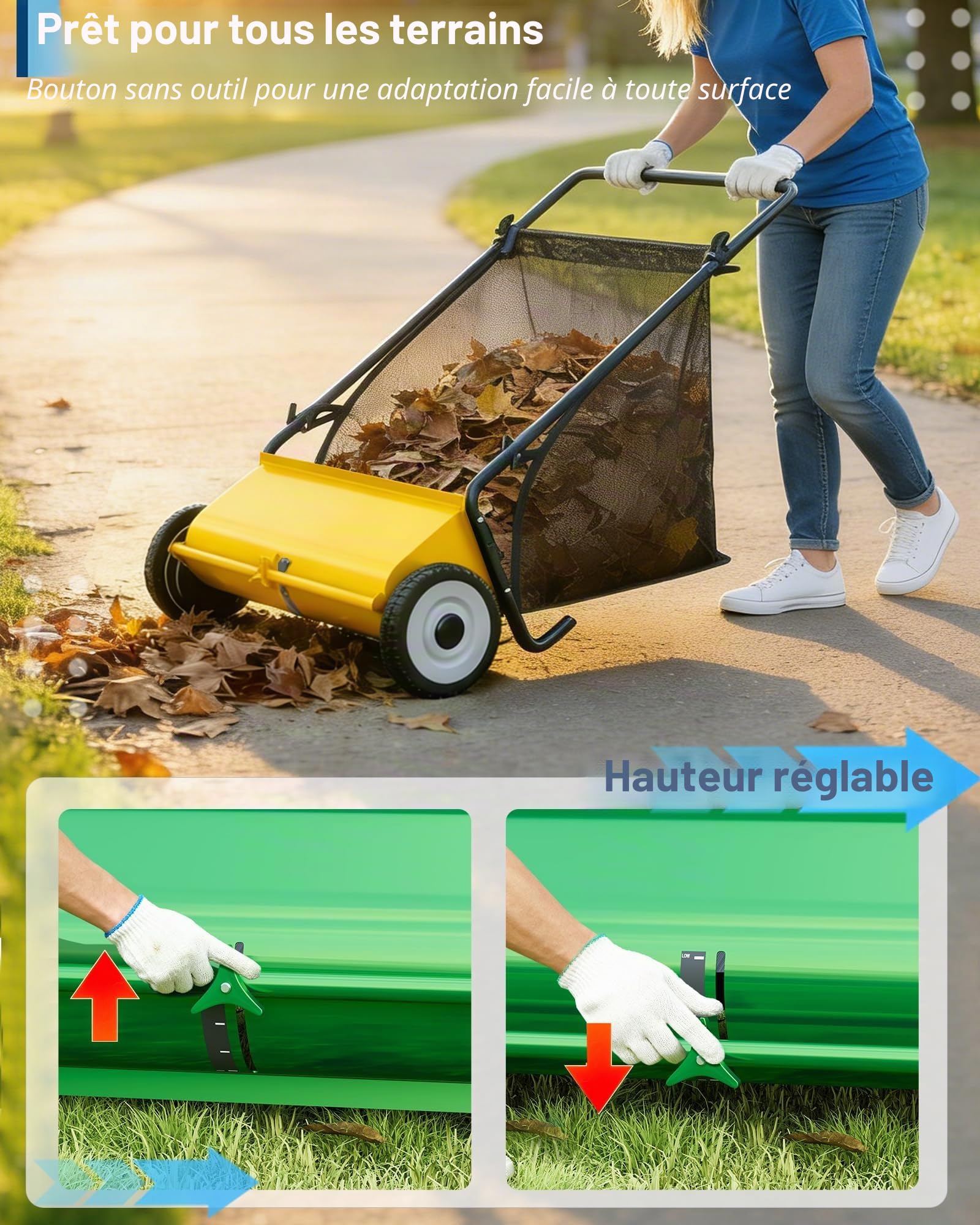 Garvee Ramasseur De Feuilles à Pousser 53cm – 100L Grande Capacité | Système De 4 Brosses Amélioré, Cadre En Acier Robuste, Collecte Efficace De Feuilles Et Débris Pour Jardin & Pelouse