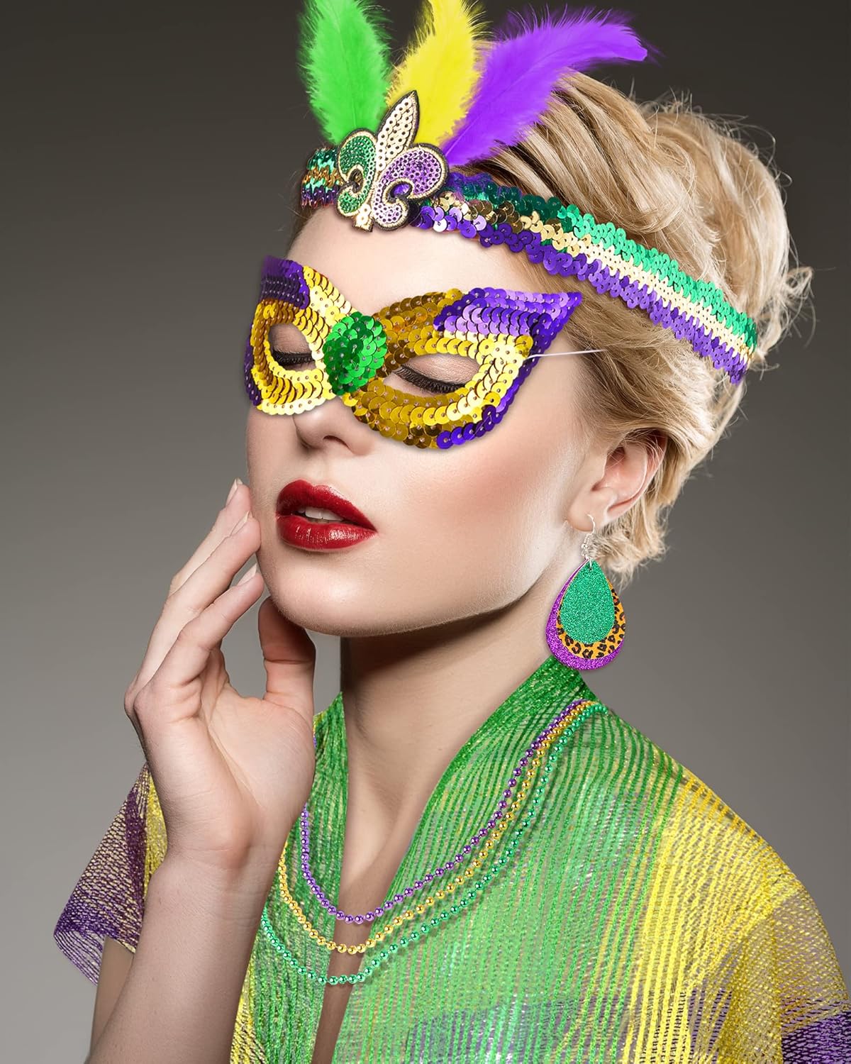 8 Pcs Mardi Gras Outfit for Women Mardi Gras Shawl Scarf Sequin Headband Eye Patch Earrings Necklace Apparel Costume Accessories Masquerade Carnival Party - Image 5