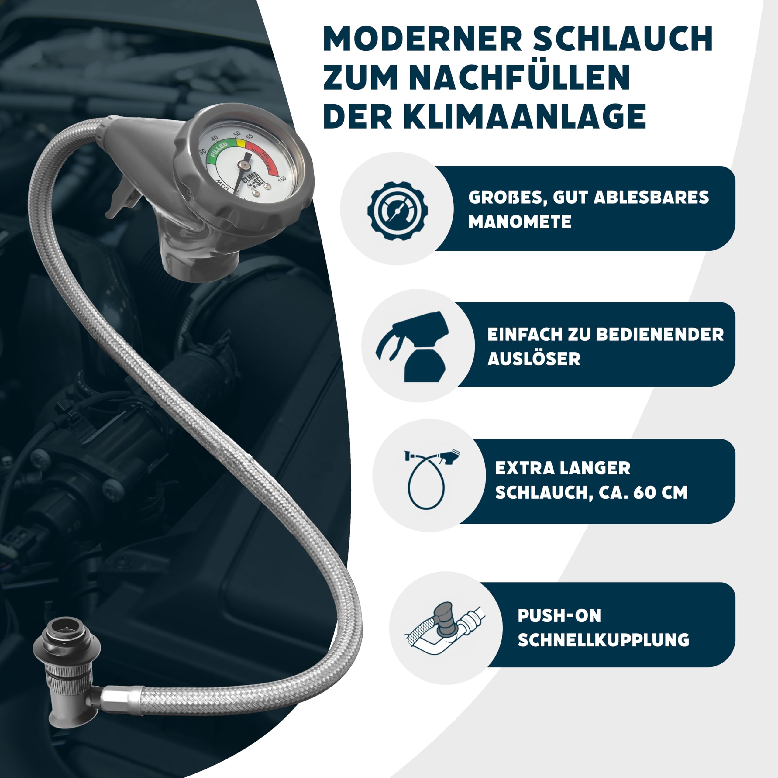 CLIMASET - Zestaw do Napełniania Klimatyzacji Samochodowej - Gaz&Olej R1234yf + Przewód spustowy + Adapter YF - dla Aut po 2016, z Wygodnym Nowoczesnym Przewodem z Manometrem