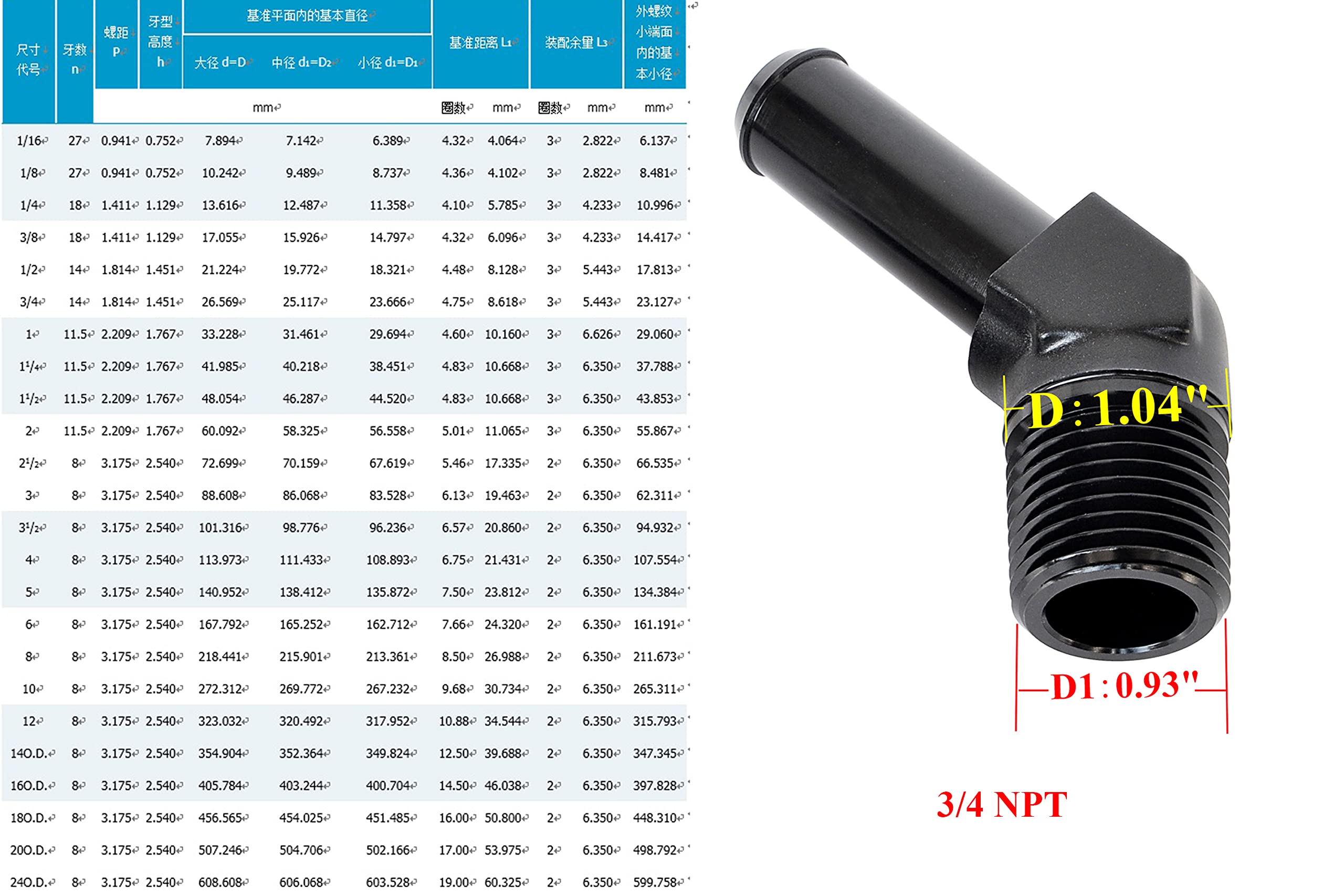 Adaptador de tubo de combustible de aluminio de 45 grados, 3/4 NPT macho a 3/4 "(18,7 mm), color negro