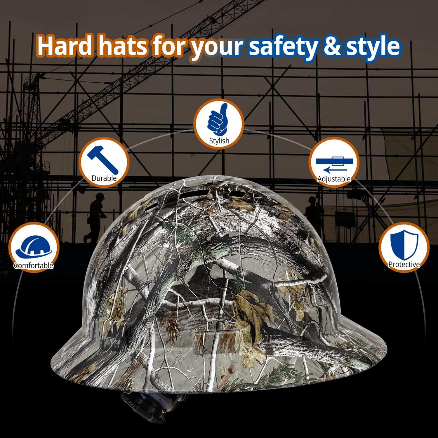 Full Brim Hard Hat - OSHA Safety Helmet Durable Lightweight Carbon Fiber Hard Hat, 6-Point Ratchet Suspension Protective Gear for Men and Women