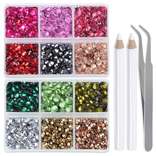LPBeads 6400 unidades de diamantes termoadhesivos de 12 colores con parte trasera plana, 5 tamaños mixtos, gemas de cristal redondas con pinzas y