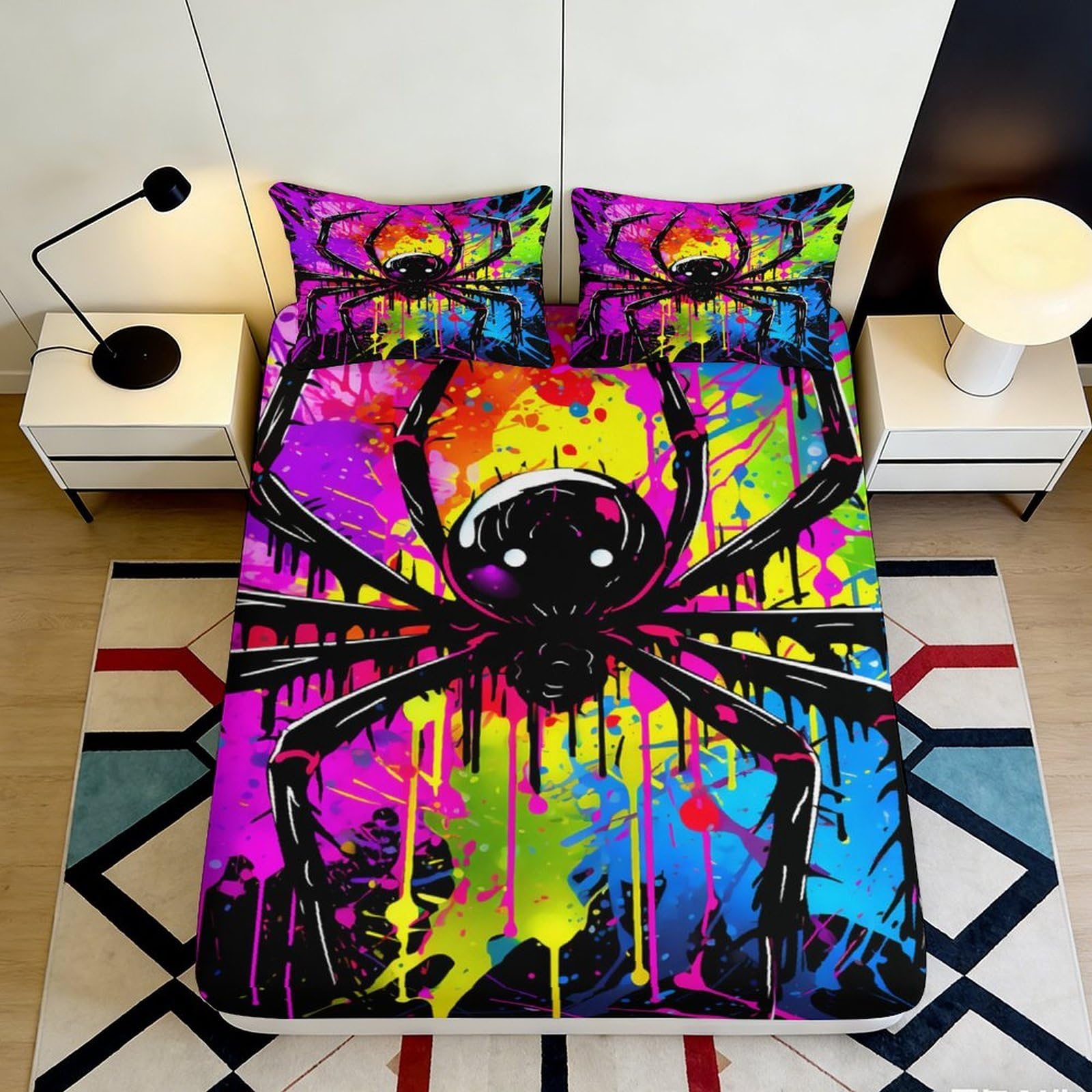 3D Printed Colorful Spider Graffiti Fitted Sheet Microfiber Soft Breathable Urban Art Bed Cover for Bedroom Dormitory Guest Room Mattress Protection 140x200x25cm