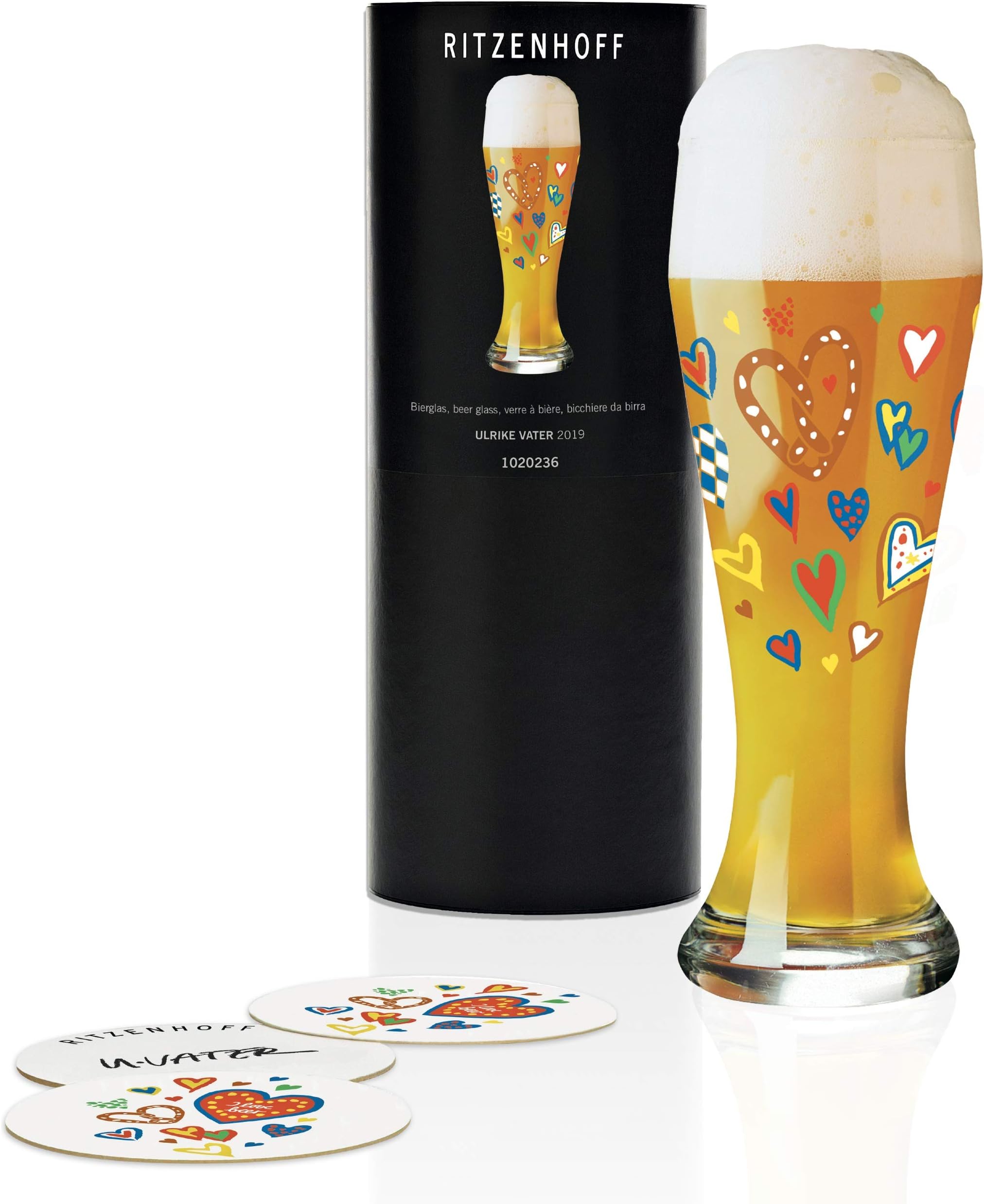 Ritzenhoff Wheat Beer Glass by Ulrike Vater, 500ml Crystal Glass with 5 Beer Mats