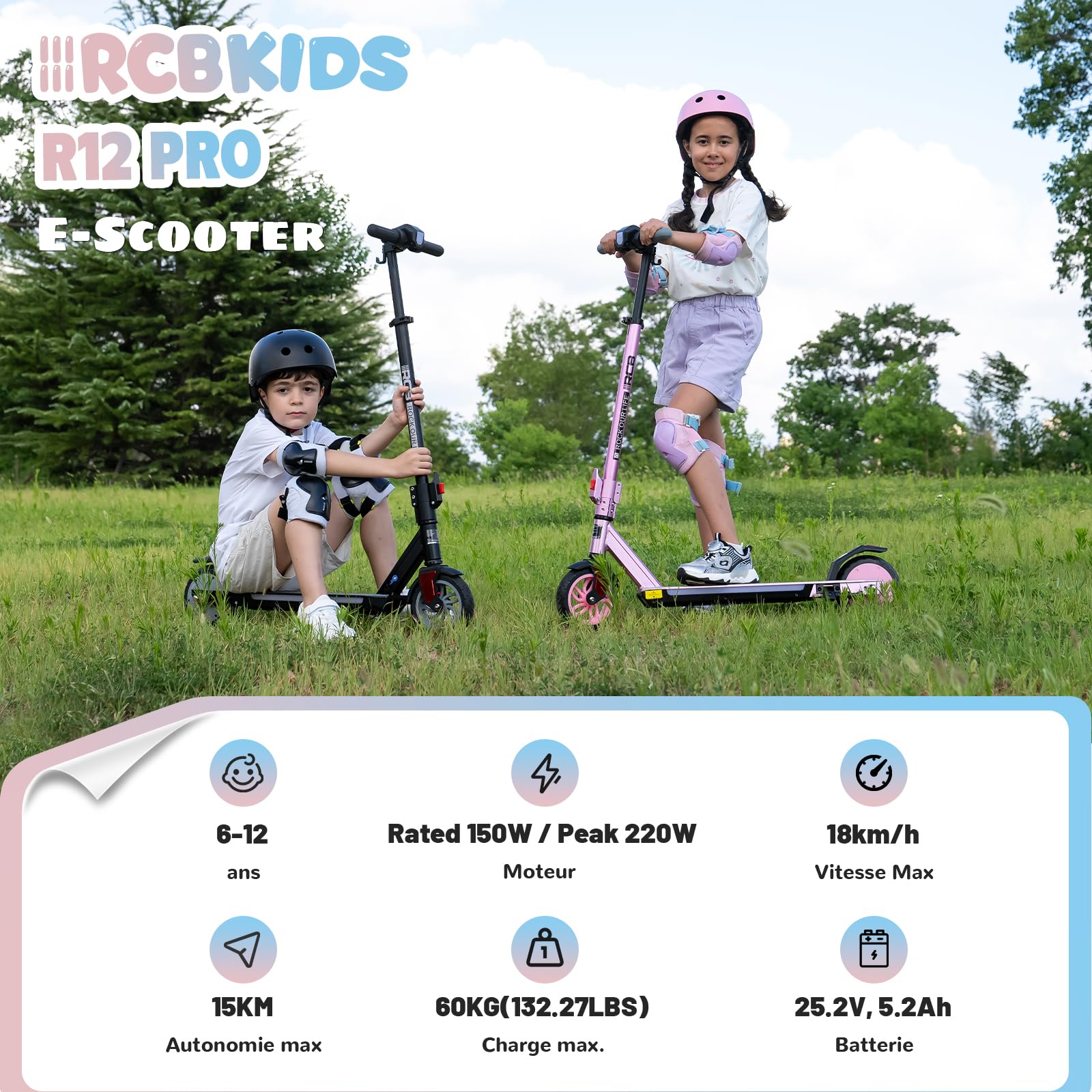 R12 Pro Trottinette Électrique Enfant 6-12 Ans, E-Scooter 150W, 3 Vitesses, 18km/h, Autonomie 15 km, Réglable Hauteur, Lumières LED&Écran, Trottinette Électrique Pliable et Légère 7"