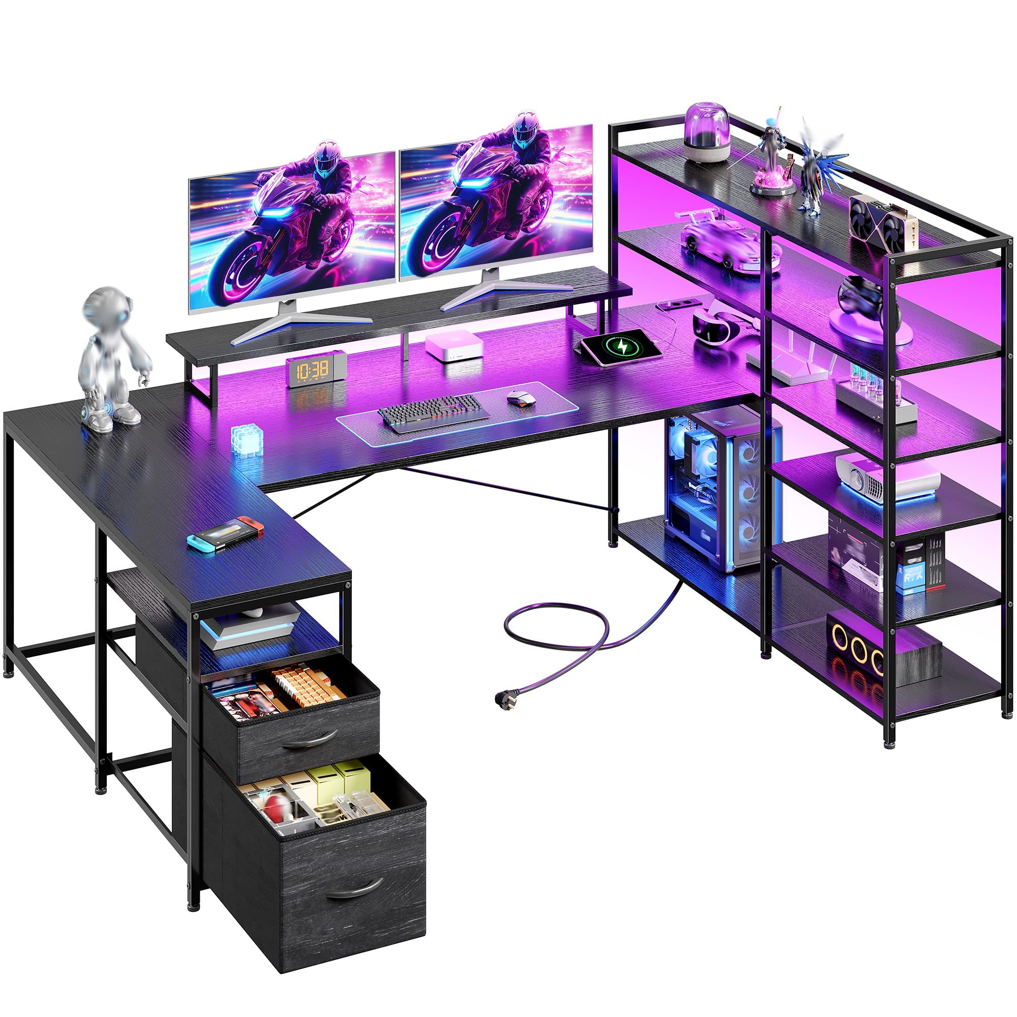 160x100 cm Forme U Bureau Gaming avec LED pour Homeoffice