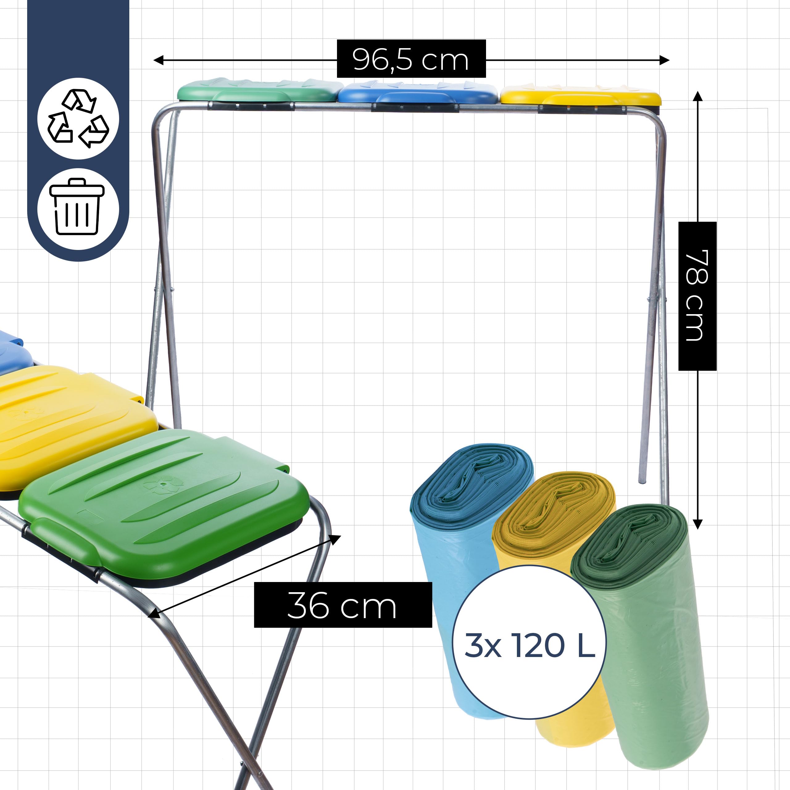 Stojak na Worki do Segregacji Śmieci 96,5x36x78 cm Stelaż Kosz 3 Stanowiska Na Śmieci + kolorowe Worki na Odpady 120L 3 Rolki, kolorowy Uchwyt na Worki z Odpadami z Pokrywą