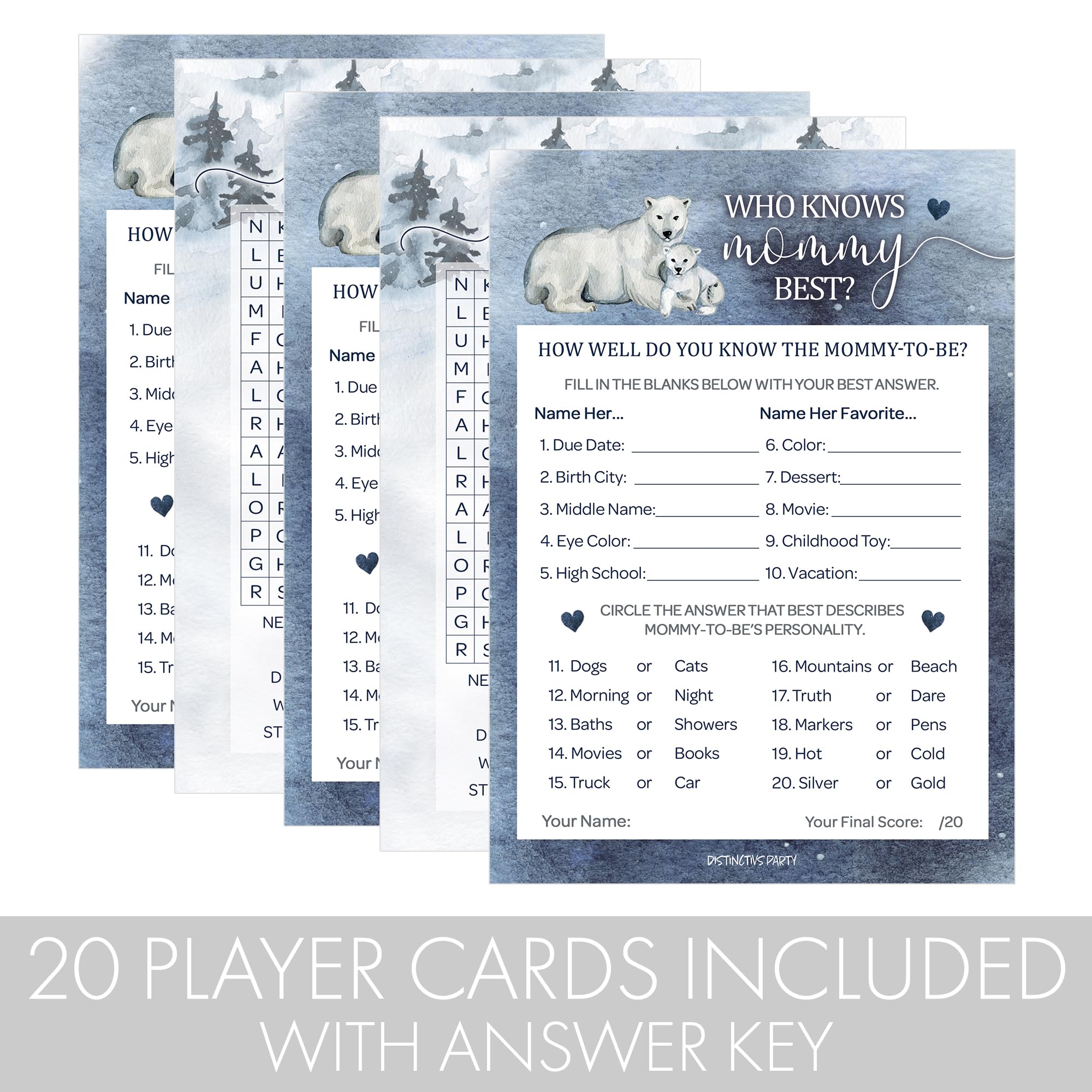 Polar Bear Baby Shower Games - Who Knows Mommy Best & Word Search Bundle (20 Cards)