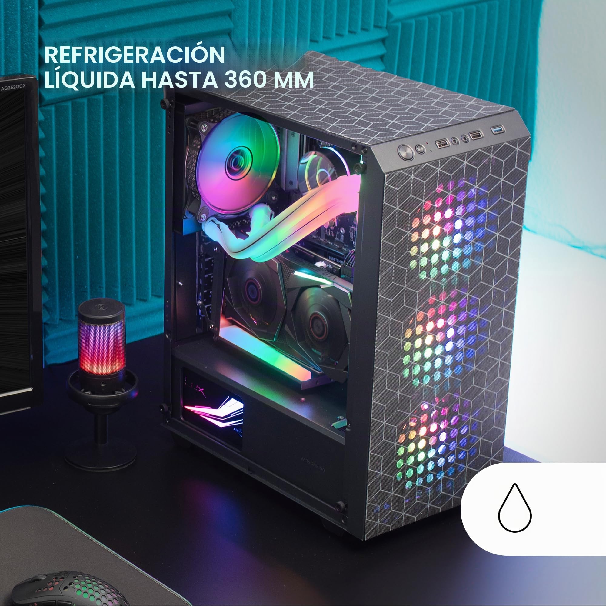 Mars Gaming MC-mag, Caja Gaming ATX, Ventana Lateral Completa Cristal Templado, Doble Rejilla Magnética Antipolvo Frontal + Superior, 3X Ventiladores FRGB 120mm, Refrigeración Líquida 360mm, Negro