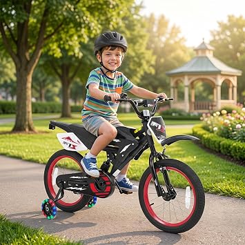 Olakids Kids BMX Bike, 12 16 Inch Motorcycle Style Toddler Bicycle with Light up Training Wheels Rear Suspension Sound Box Adjustable Handlebar for Boys Girls