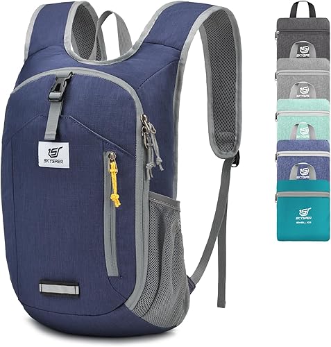Vista 10 de SKYSPER Mochila de senderismo pequeña plegable de 10 litros, plegable, ligera, para senderismo, viaje, para mujeres y hombres Cian