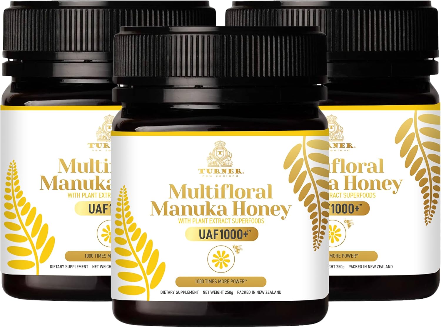 Multifloral Manuka Honey New Zealand, (8.8oz/250g) 1000x Power with UAF1000+ Antioxidants, Immune Support, Younger Skin, Aids Digestion, Prebiotic, Natural Superfood Antioxidants Supplement, 3 Jars