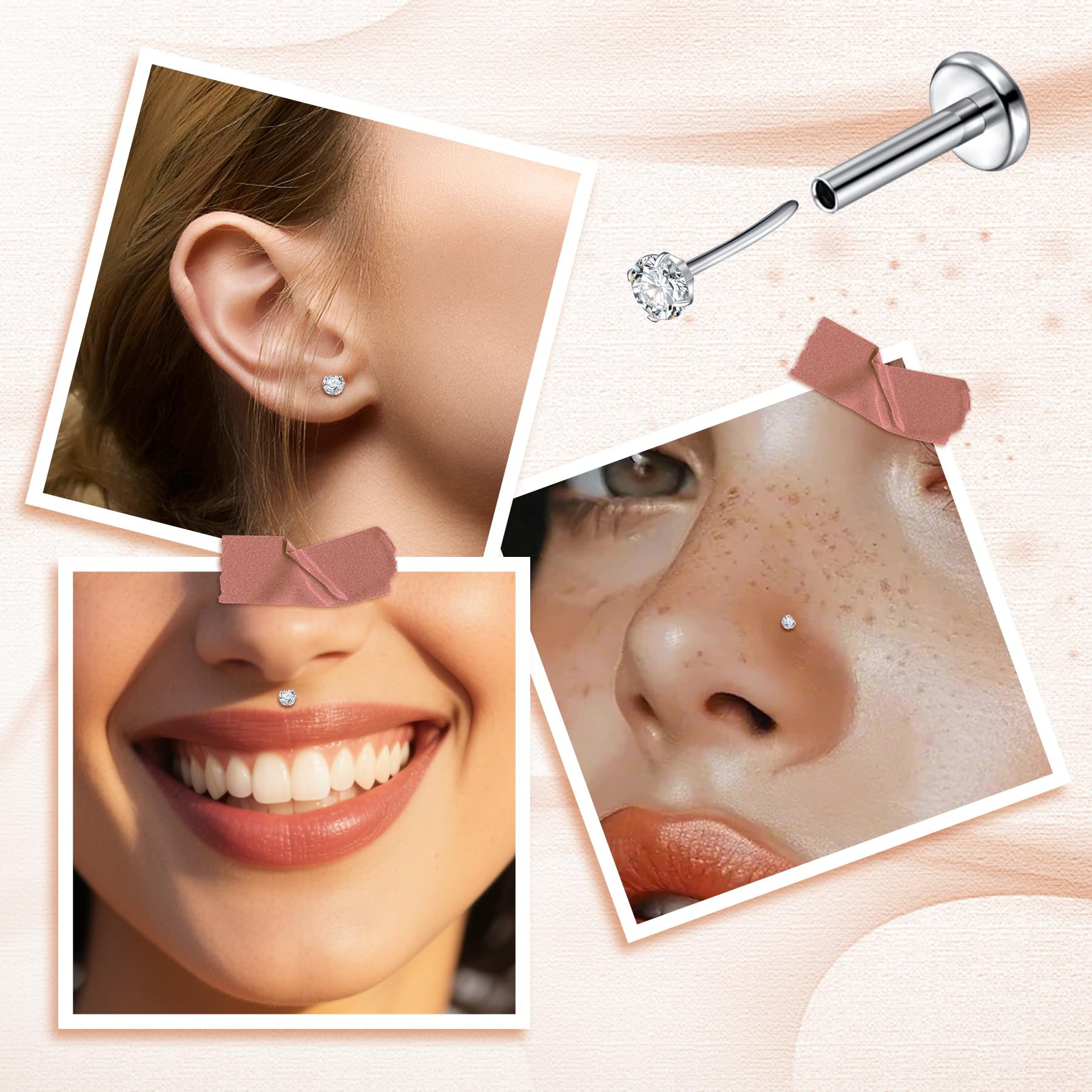 FECTAS Pendientes de titanio para nariz, 16G, 18G, 20G, hipoalergénicos, grado de implante 6, 7, 8, 10 mm, sin rosca, hélice, tragus, labio, labio, parte trasera plana, joyería