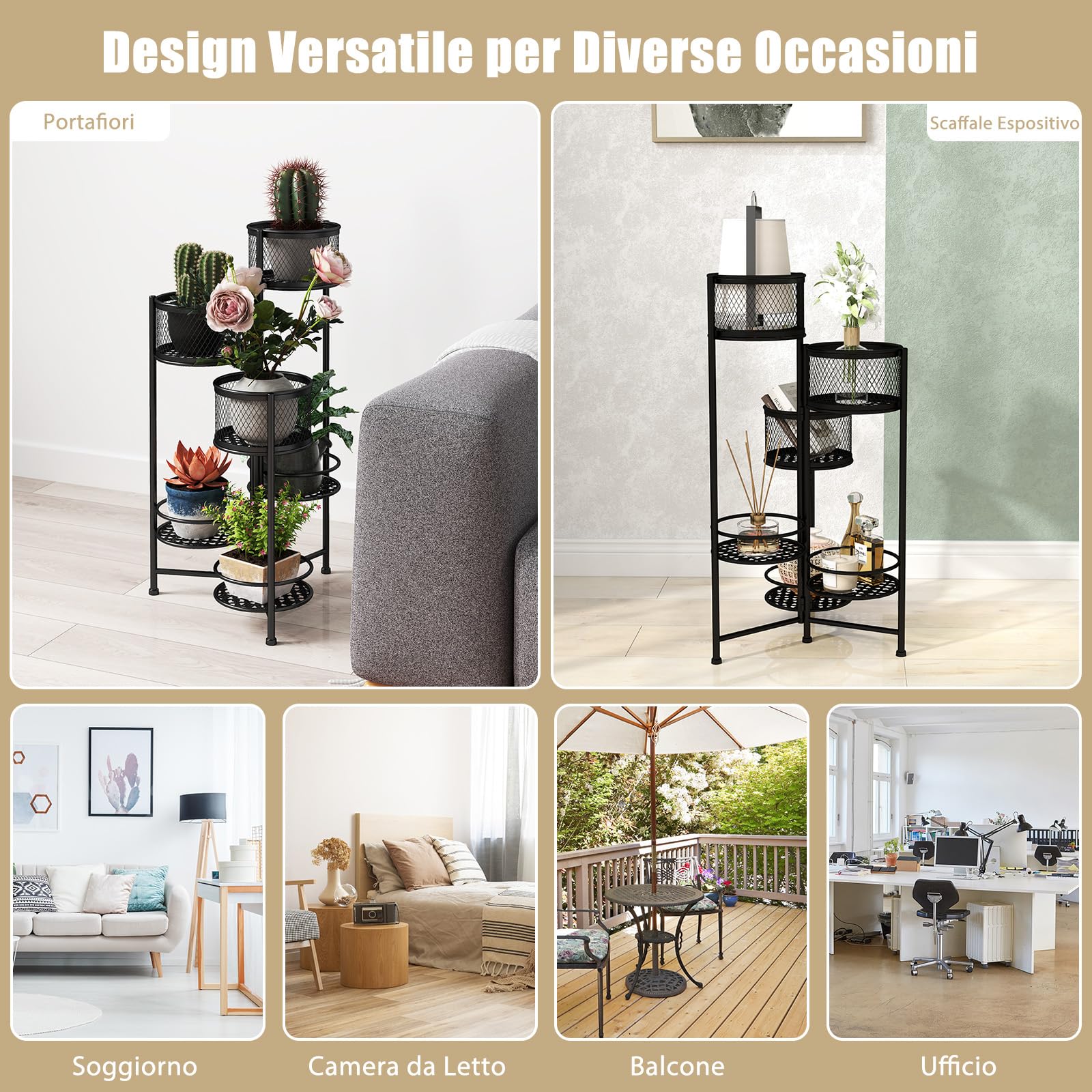 COSTWAY Porta Piante da Interno Pieghevole, Scaffale per Piante e Fiori in Metallo a 6 Livelli,Porta Vasi Salvaspazio da Balcone e Salotto, 41 x 39 x 82 cm (Nero)