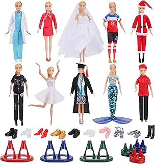 51 Pcs Doll Career Clothes and Accessories. 10 Sets of Role-Playing Costumes(31 Piece) and 10 Pairs of Shoes, 10 Doll Display Stands,for 11.5 inch Doll.Not Random (Styles as Shown,Dolls Not Included)