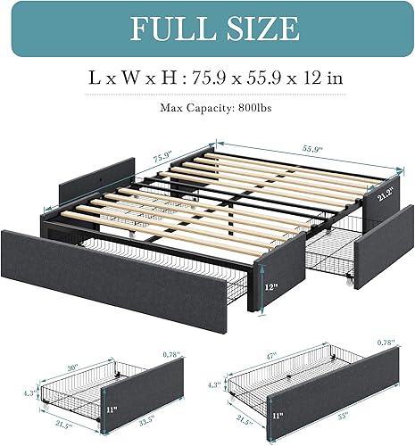 Miniatura 2 de HOOMIC Base de cama tapizada de plataforma completa con 3 cajones de almacenamiento, diseño de cabecera fija, listones de madera, no necesita Gris