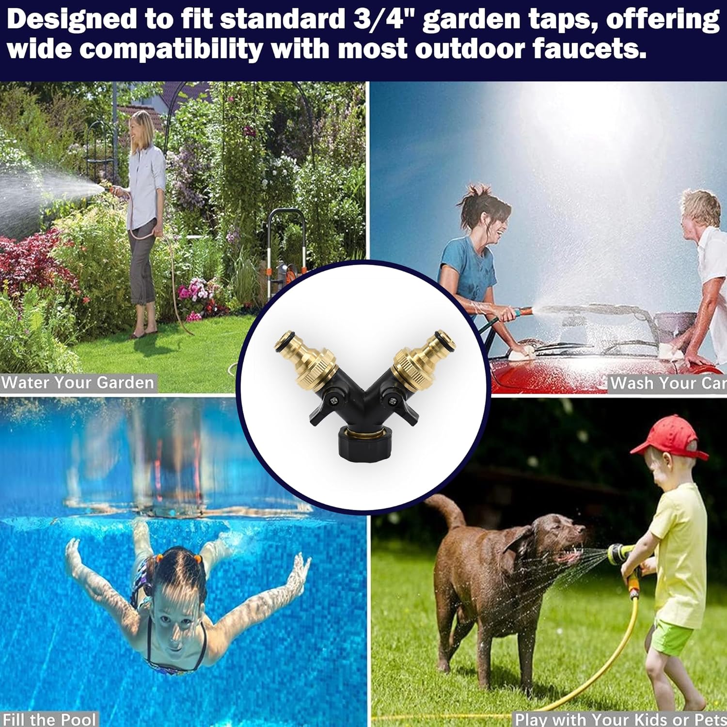 Dapetz ® 2 Way Brass Garden Tap Adapter, Double Way 3/4" Hose Connector, Tap Water Hose Tap Quick Individual On/Off Splitter Connector with 2 Quick Connector for Hose Pipe Irrigation Tool Fitting