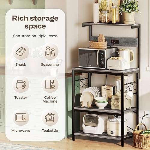 Miniatura 32 de SUPERJARE - Estante de cocina con toma de corriente de 4 niveles, soporte de microondas de cocina con 6 ganchos en forma de S, estante de Marrón