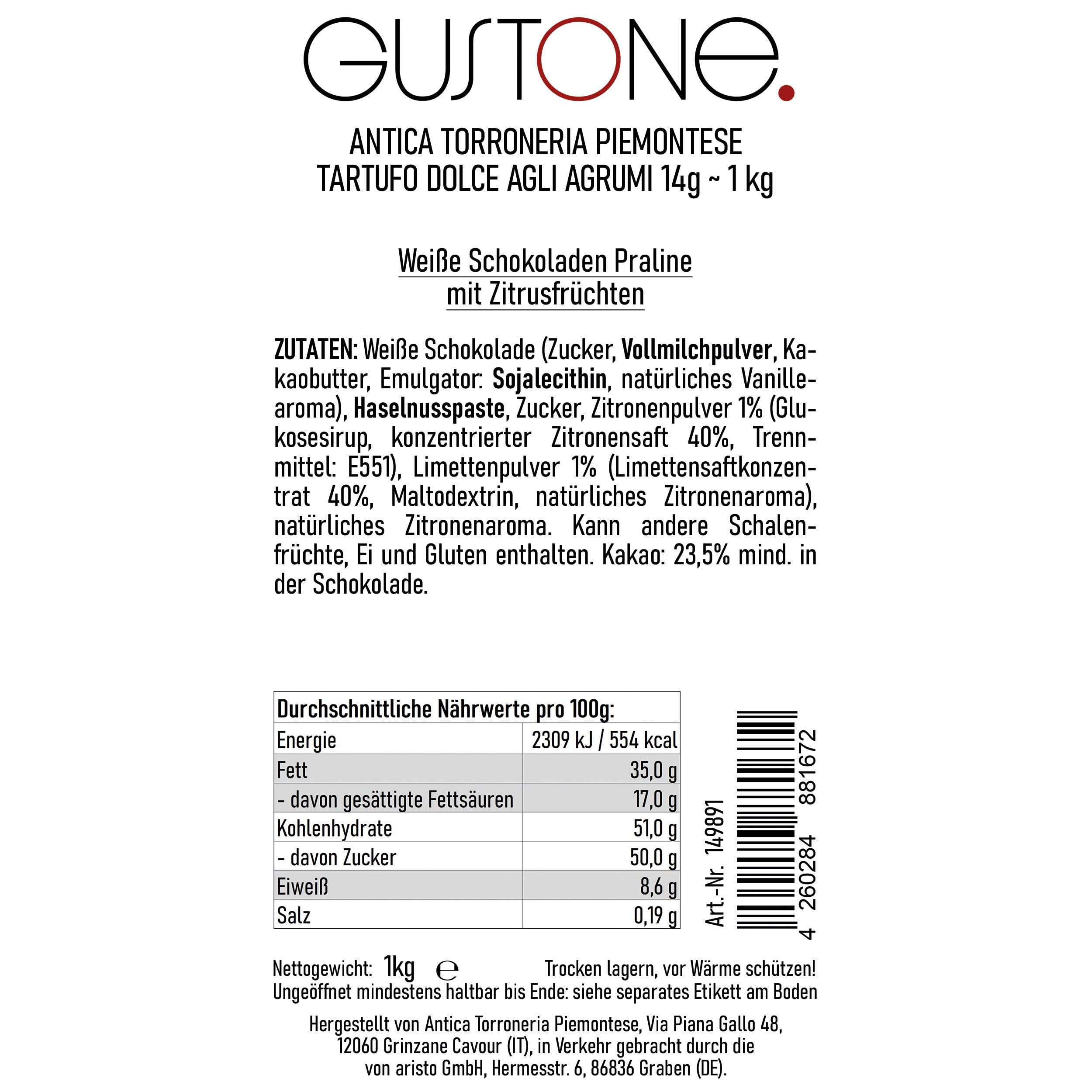 GUSTONE. Tartufi dolci Agli Agrumi mit Zitrone und Limette | Antica Torroneria Piemontese | Edle Trüffel-Praline aus Italien | Schokoladentrüffel mit Zitrusfrüchten | 1 kg Großpackung