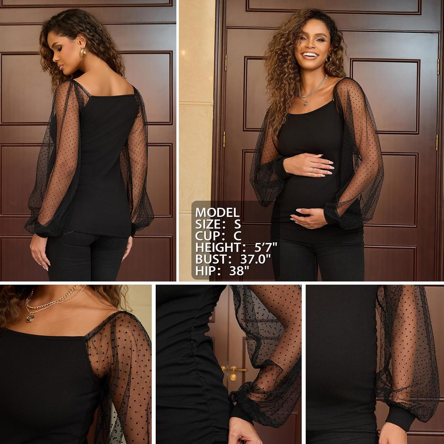 Bhome Women's Maternity Mesh Long Lantern Sleeve Shirts Cute Swiss Dot Blouses Trendy Casual Fall Pregnant Tops - Image 5
