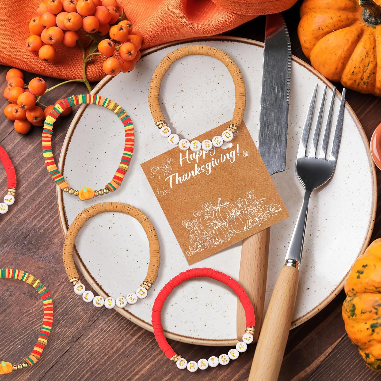 12 Set Thanksgiving Fall Bracelets with Card Thanksgiving Party Favors Pumpkin Clay Beaded Stretch Stackable Bracelets Fall Charm Pumpkin Jewelry Set for Women Party Supplies - Image 6