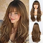 HAIRCUBE Long Ombre Brown with Highlight Wig with Bangs Layered Curly Wigs for Women Natural Synthetic Wigs for Daily Use (pelucas de cabello natural)