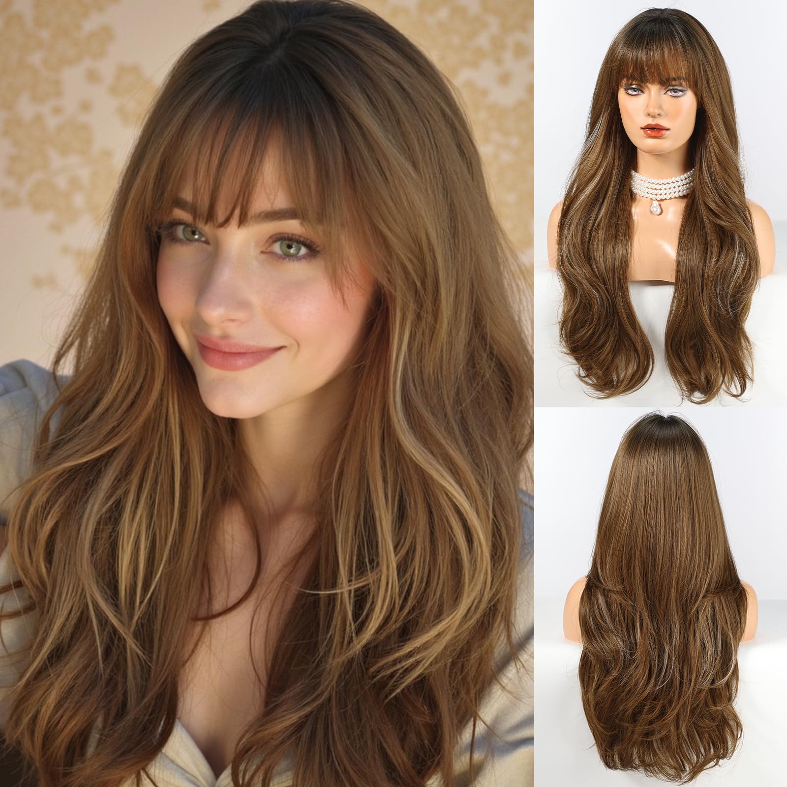 HAIRCUBE Long Ombre Brown con Highlight Parrucca con Bangs Perrucche ricce a strati per donne Parrucche sintetiche naturali per uso quotidiano (pelucas de cabello naturale)