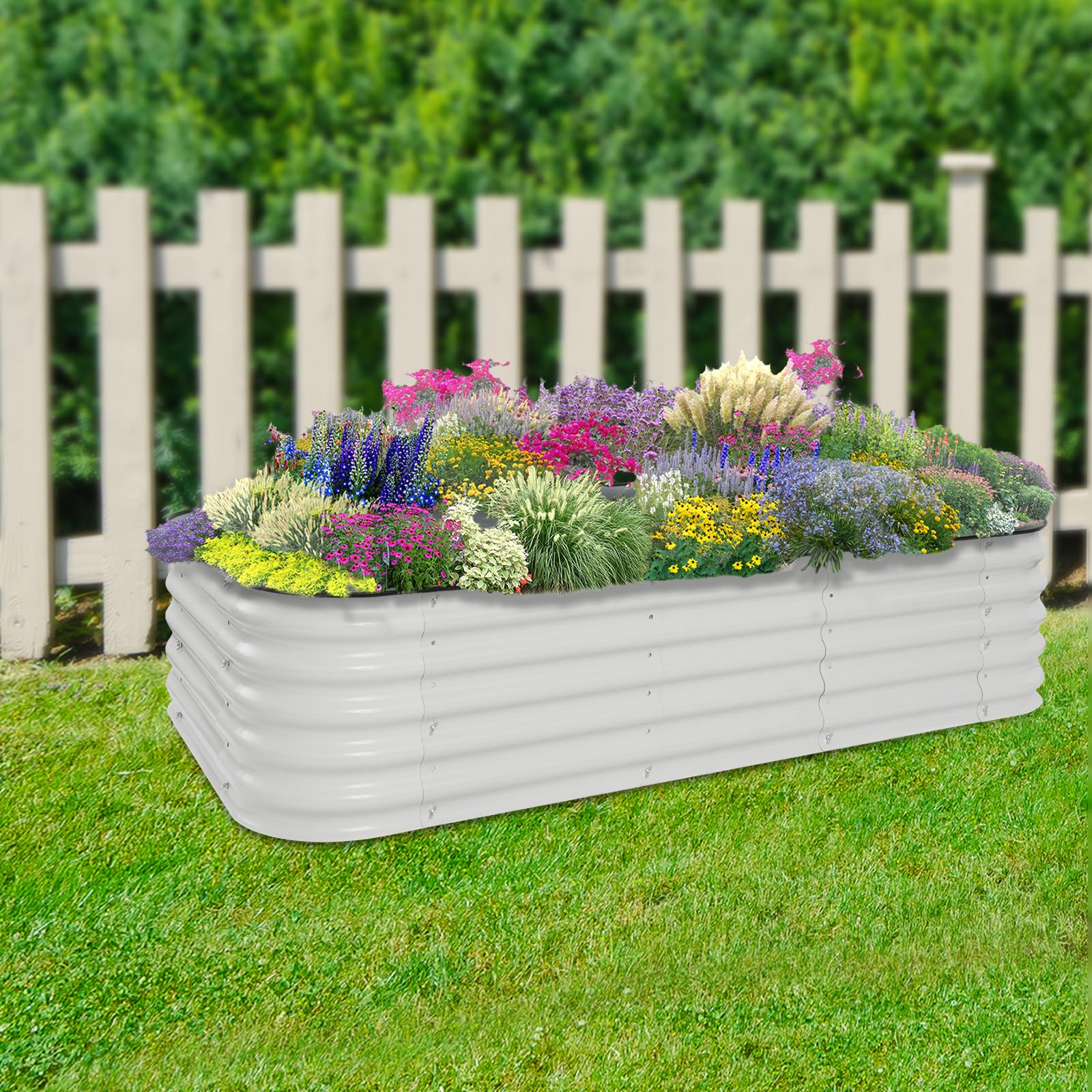 Jardinera elevada, bancal de jardín blanco, rectangular para balcón, terraza y jardín, duradero de acero galvanizado de aluminio, suelo abierto, gran volumen de plantación, con accesorios
