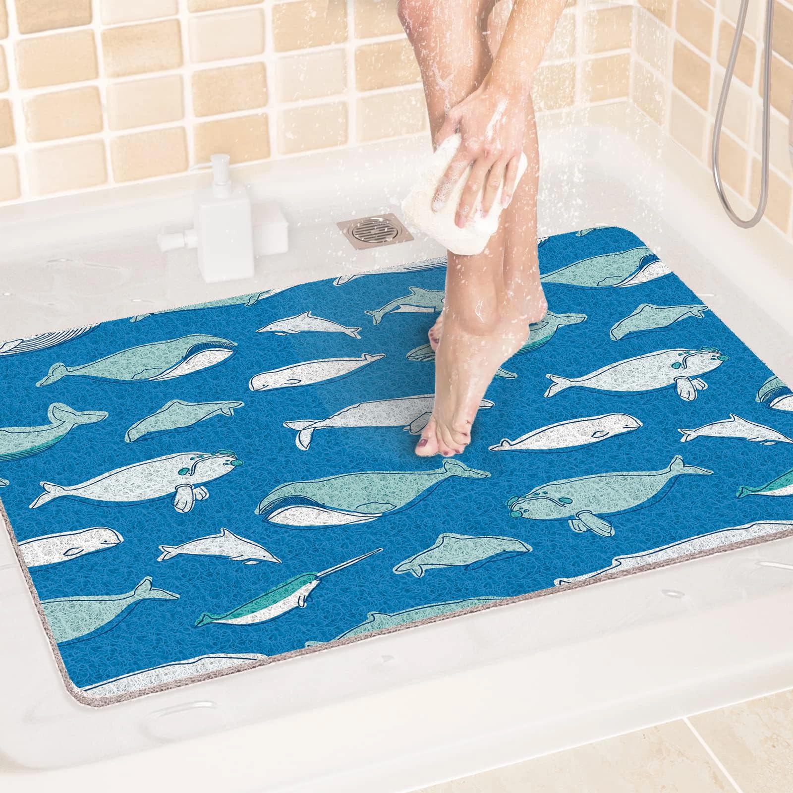 Tappetino da bagno antiscivolo, 50 x 100 cm, in gomma morbida ad asciugatura rapida, antiscivolo, per vasca da bagno, doccia, bagno, vasca da bagno, pavimento (blu, ciano, bianco)