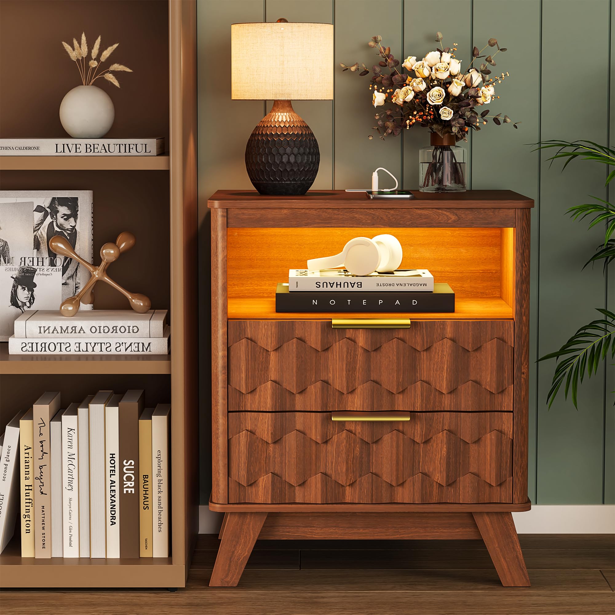 Gurexl Smart Bedside Table with Charging Station and Human Sensor,LED Nightstand with USB Ports & TypeC,Modern End Tables with 2 Drawers and 1 Open Compartment for Bedroom,Living Room,Walnut