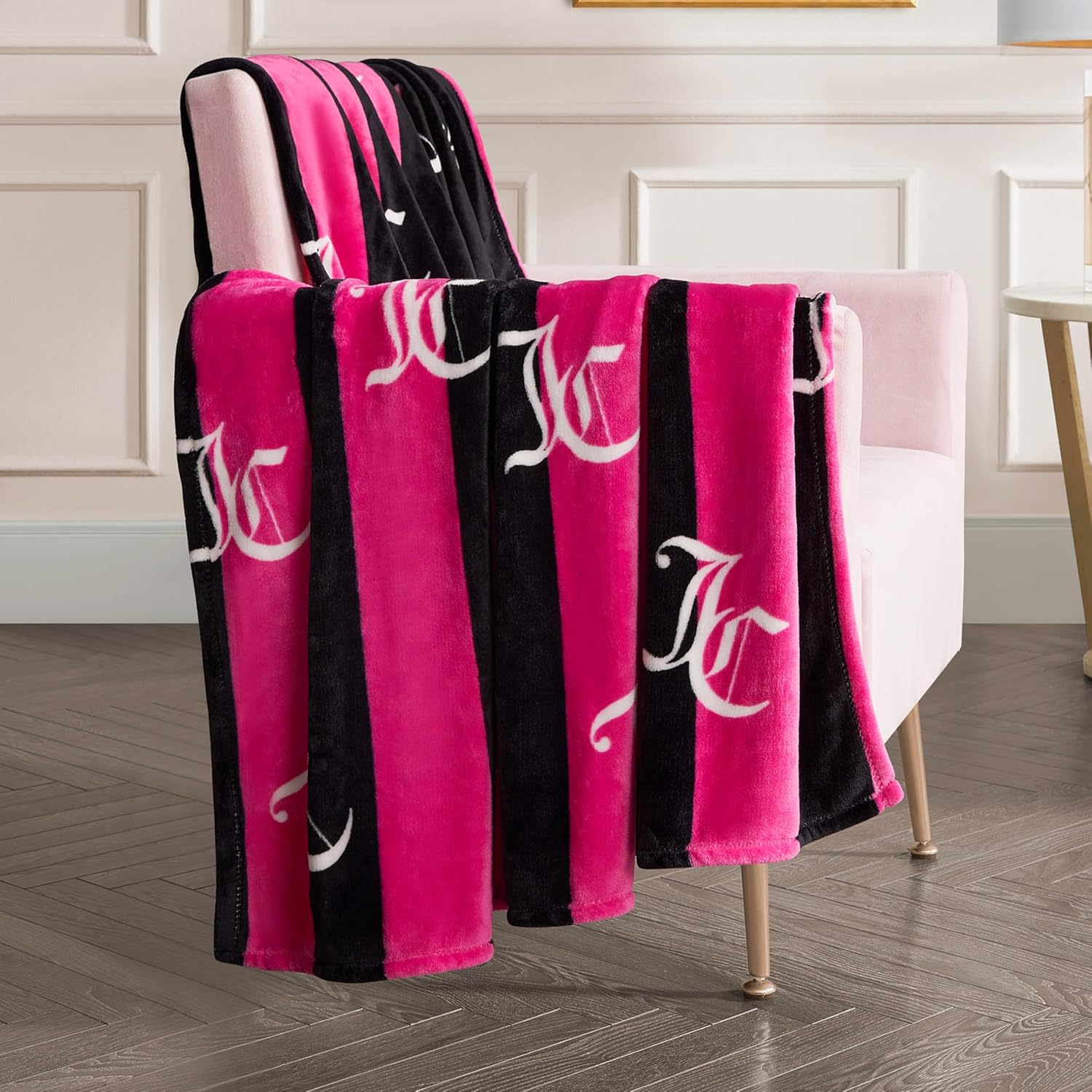 Juicy Couture Cabana Plush Hot Pink Striped 90"X90" Fuzzy Full/Queen Bed Blanket - Luxurious Microfiber Plush Blanket for Ultimate Comfort and Cozy Warmth - Image 4