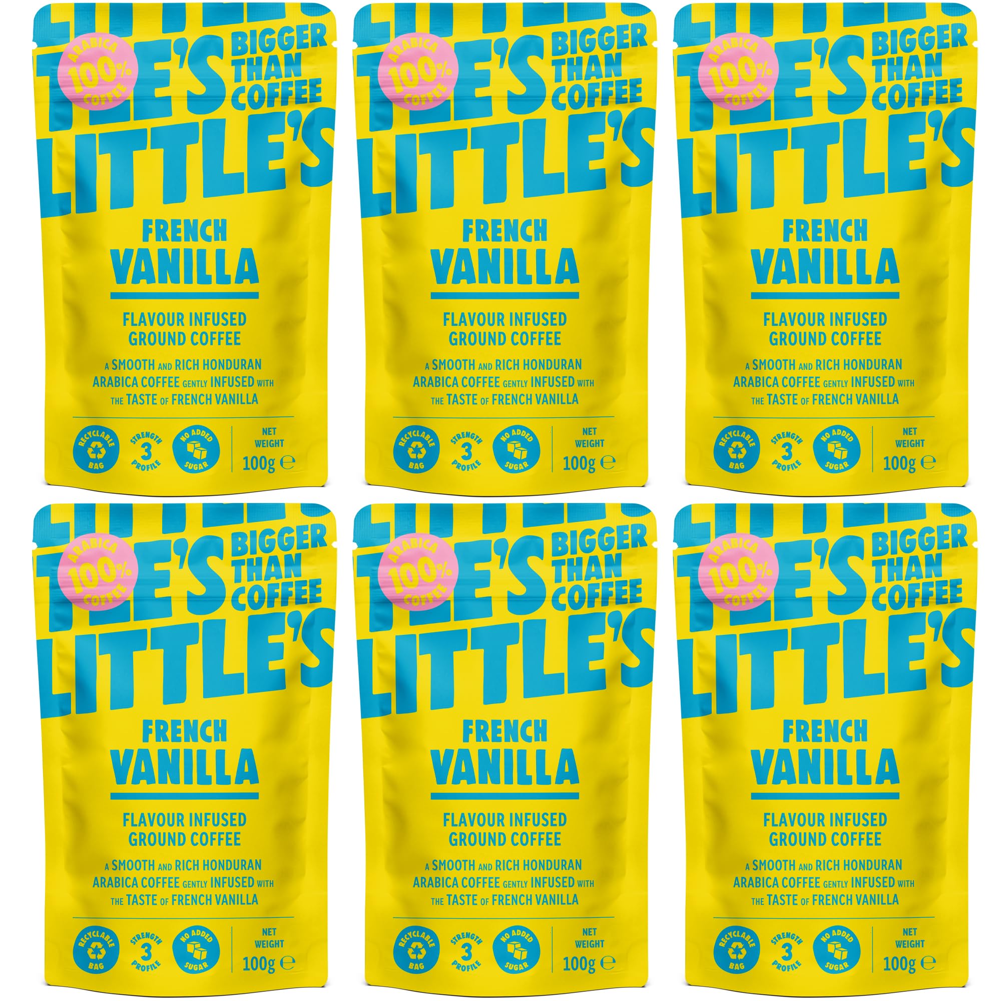Little's French Vanilla Flavoured Ground Coffee, 6 Pack (100g Pouch x 6) - Rich & Smooth Ground Coffee, Infused With Vanilla Flavour - Vegan Friendly, Low Calories, No Added Sugar
