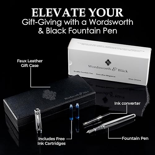 Miniatura 3 de Wordsworth & Black Juego de pluma estilográfica cromo plateado, punta media, incluye tinta de bolígrafo de 1.7 fl oz negro, 24 cartuchos de tinta,
