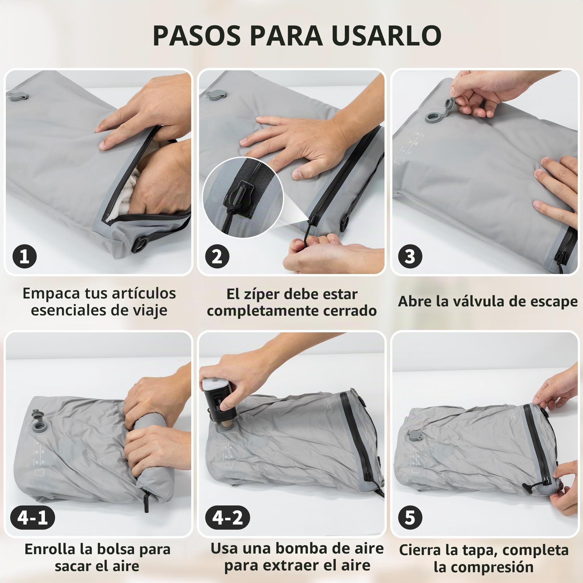 Organizador de Maletas Compresión Cubo Embalaje Set de 4 Reutilizables TPU Bolsas de Vacío con IPX8 Cremallera Impermeable Bolsas de Vacío para Ropa Calcetines Zapatos（Sin Bomba）