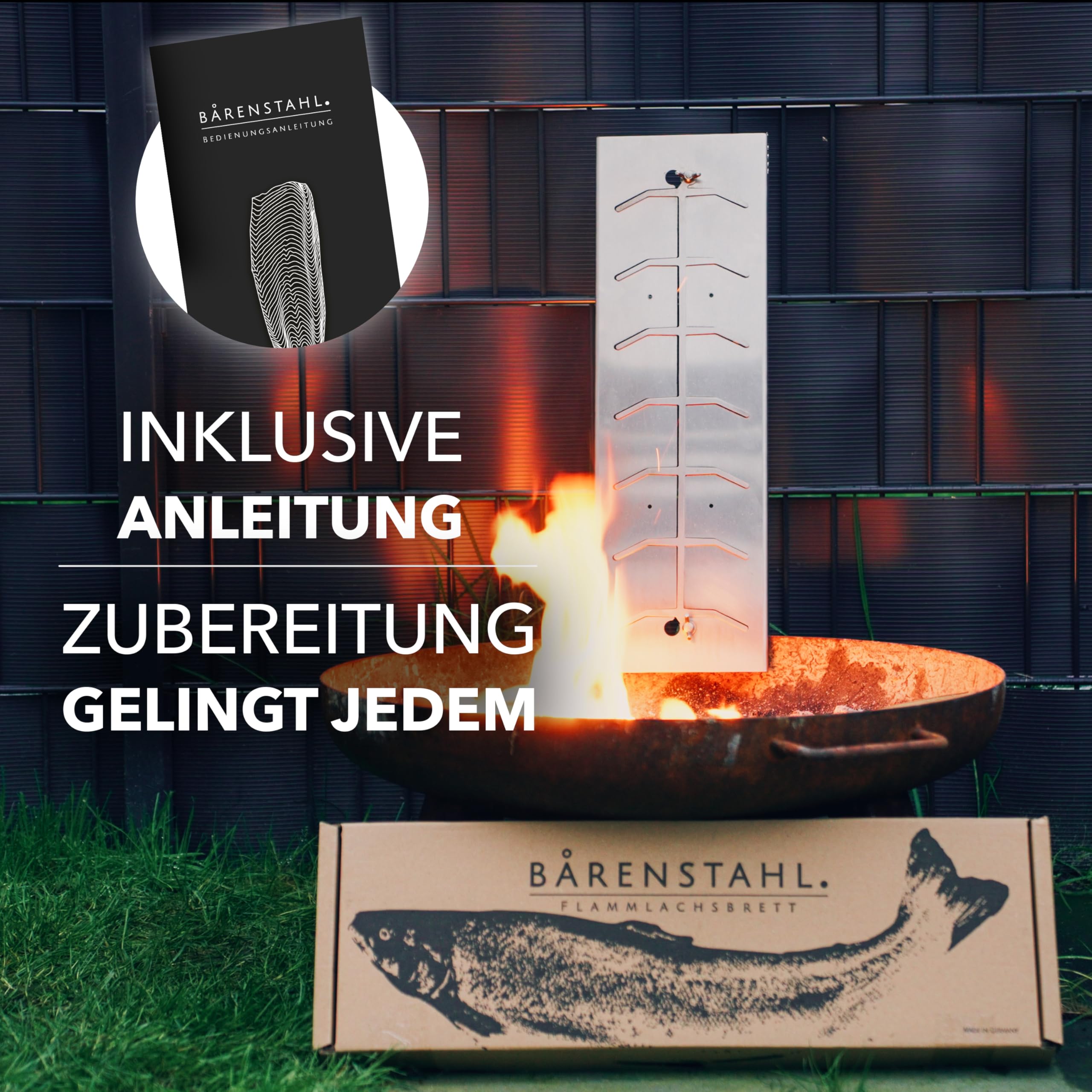 Flammlachsbrett – Flammlachsbretter mit Halterung – Feuerfest aus Edelstahl geeignet für Feuerschalen und Kugelgrill – Made in Germany