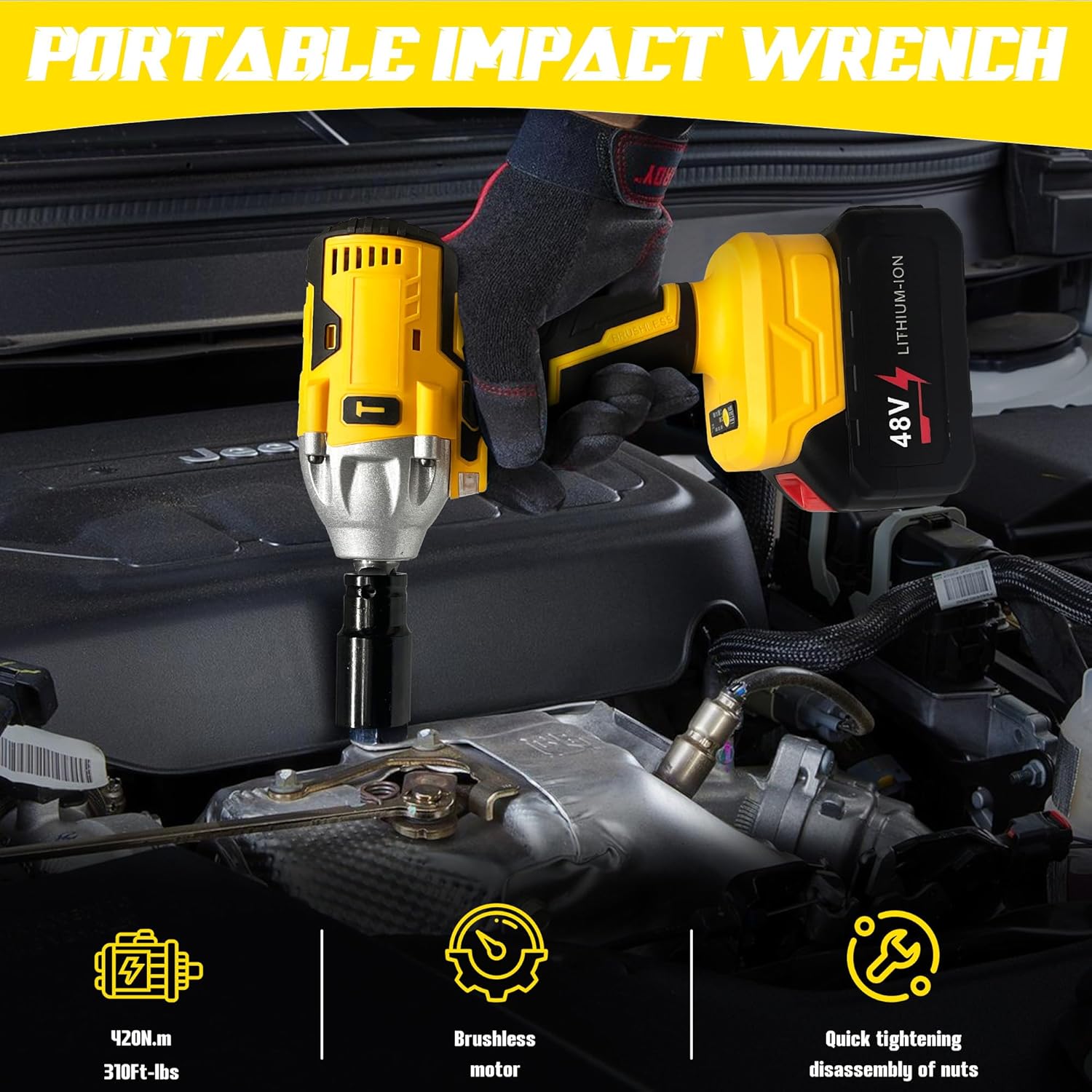 420N.m(310Ft-lbs) Cordless Impact Wrench, 3/8 Inch High Torque Brushless 21V Impact Gun w/ 1 x 4.0Ah Battery & Fast Charger & 6 Sockets, Pistola De Impacto for Home Car Tires Truck Mower