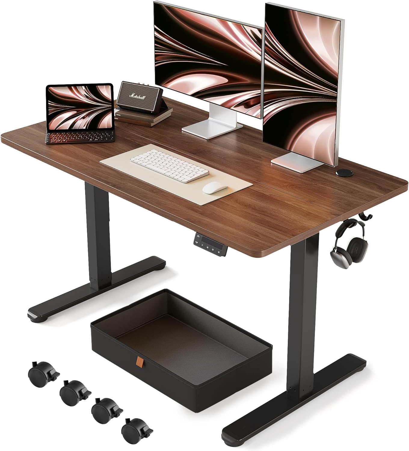 FEZIBO Standing Desk with Drawer, 48 x 24 Inches Adjustable Height Electric Stand up Desk with Storage, Sit Stand Home Office Desk, Black Walnut