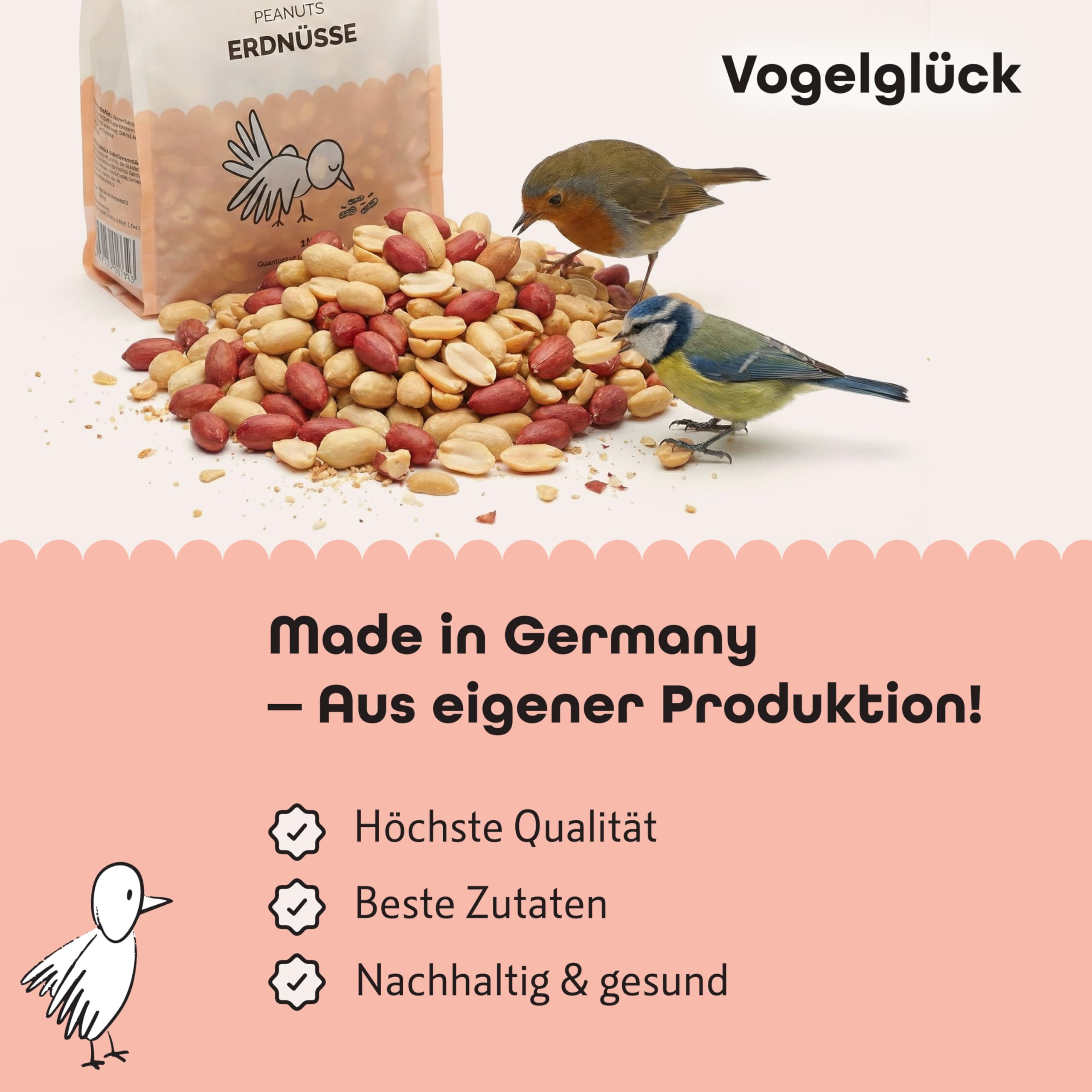 Vogelglück Erdnusskerne Vogelfutter 20 kg geschält – energiereich, schalenfrei, gereinigt und Sortiert – Erdnüsse für Nussspender, Silo, Futtertisch und Bodenfütterung, geeignet für Wildvögel