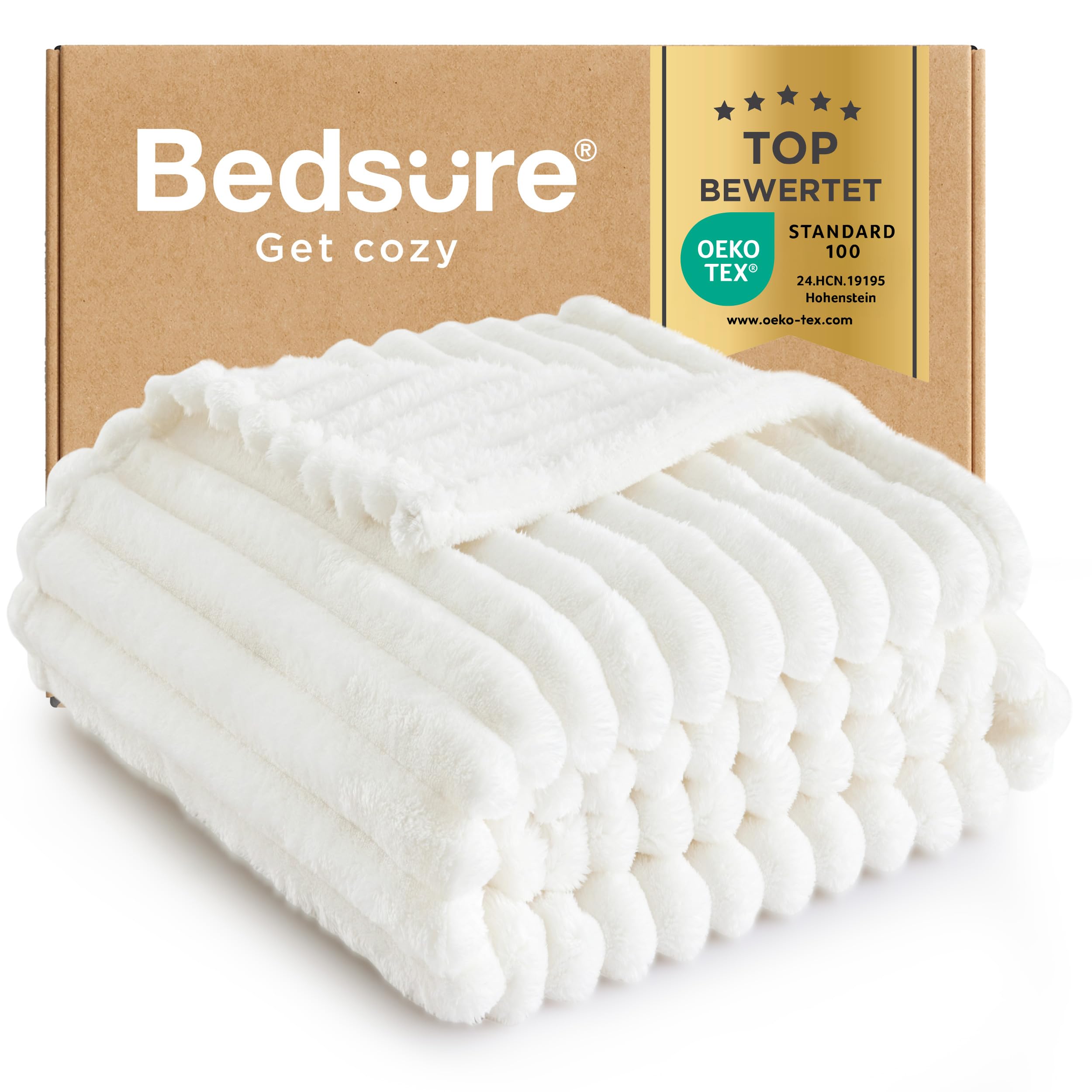 Bedsure Manta Suave y Esponjosa de Forro Polar, Cordón Gruesa, Cálida y Acogedora para Cama y Sofá, Blanco, 150 x 200 cm OEKO-TEX STANDARD 100