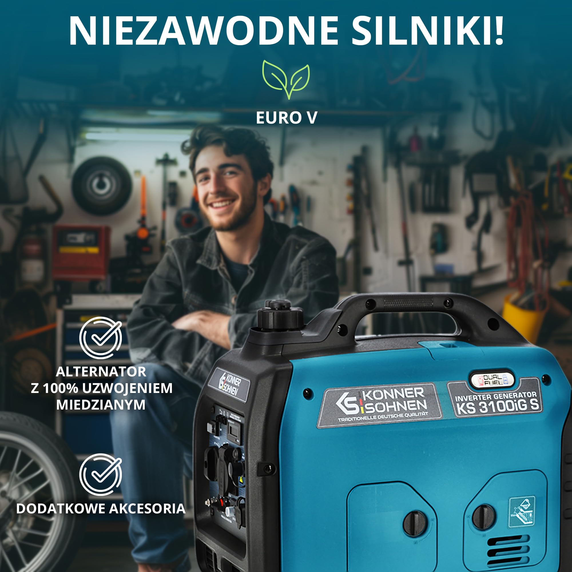 Generator inwertorowy gazowo-benzynowy KS 3100iG S Könner & Söhnen agregat prądotwórczy 3100W, Schuko 230 В, 2 porty USB, Wyświetlacz LED, tryb ECO, uzwojenia miedziane, generator prądu.
