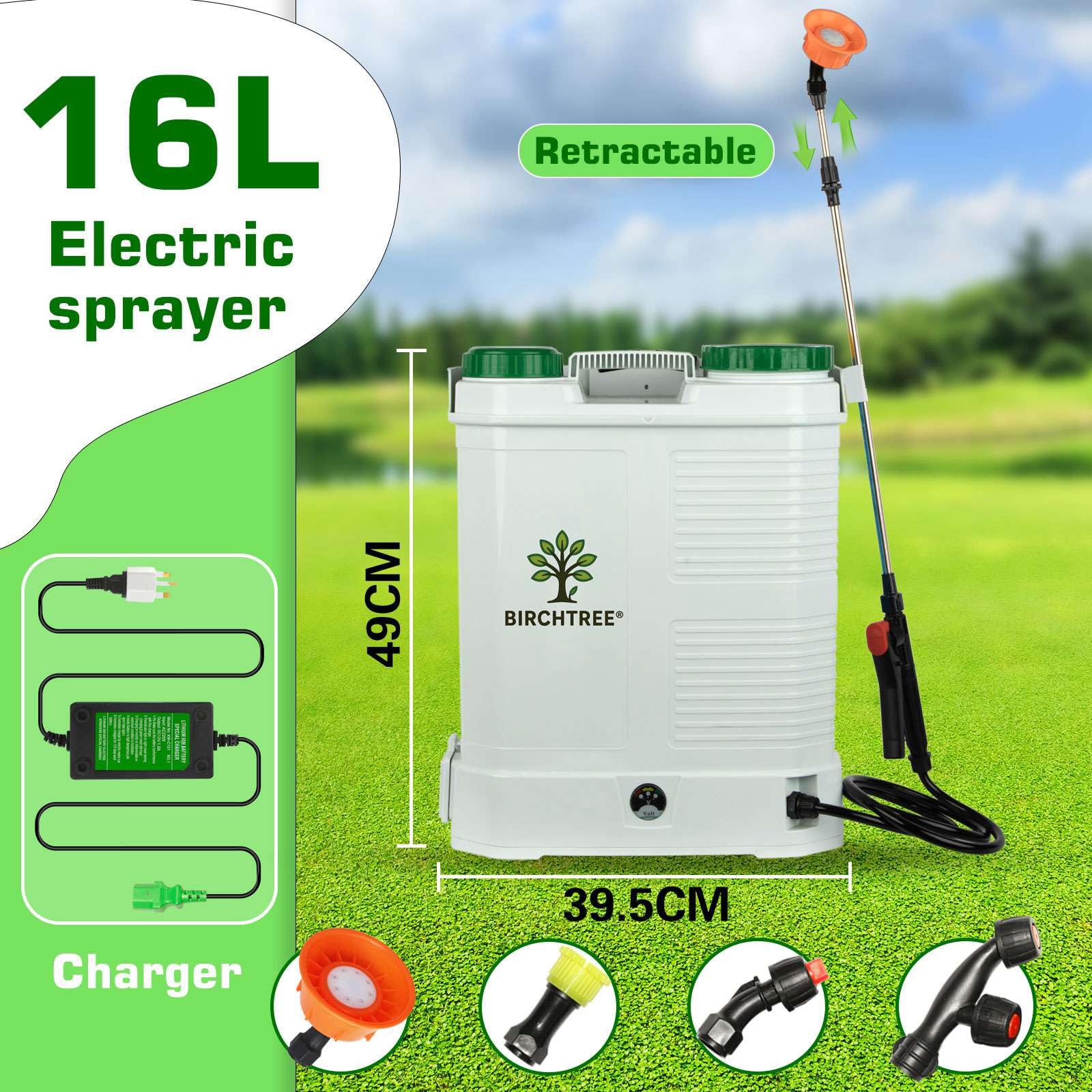 BIRCHTREE Pulverizador eléctrico de mochila de 16 litros, pulverizador de mochila recargable de 12 V con 4 boquillas, pulverizador de jardín inalámbrico para herbicidas y agricultura