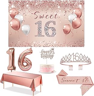 Trgowaul Sweet 16th Birthday Decorations Party Set for Girls, Rose Gold 16 Birthday Banner and Tablecloth, Sweet 16 Sash and Tiara, 1PC Happy 16th Birthday Cake Topper, Pink Gold 16 Number Balloons
