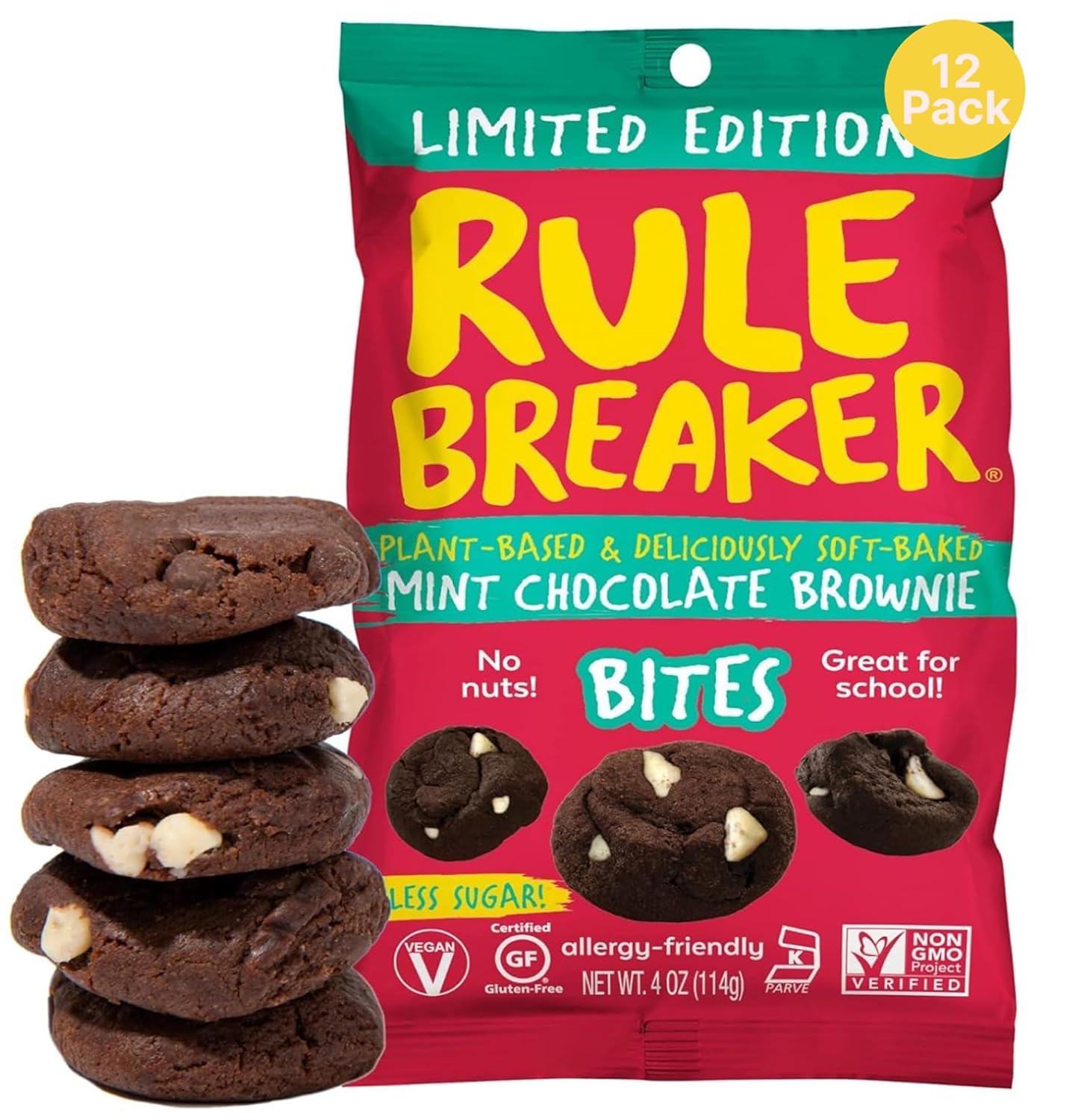 Rule Breaker Vegan & Gluten-Free Cookies | Mint Chocolate Brownie Bites |Plant-Based, Dairy, Nut, Soy, Allergen Free, Kosher | Soft-Baked School Snacks for Kids and Adults (Pack of 12)