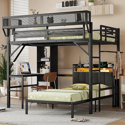 KEIKI Full over Twin Size Metal Bunk Bed Frame with Desk & Bookshelves & Built-in Storage Shelves, Detachable Loft Bed with Slats & Guardrail, No Box Spring Required, Easy Assembly, for Bedroom, Black
