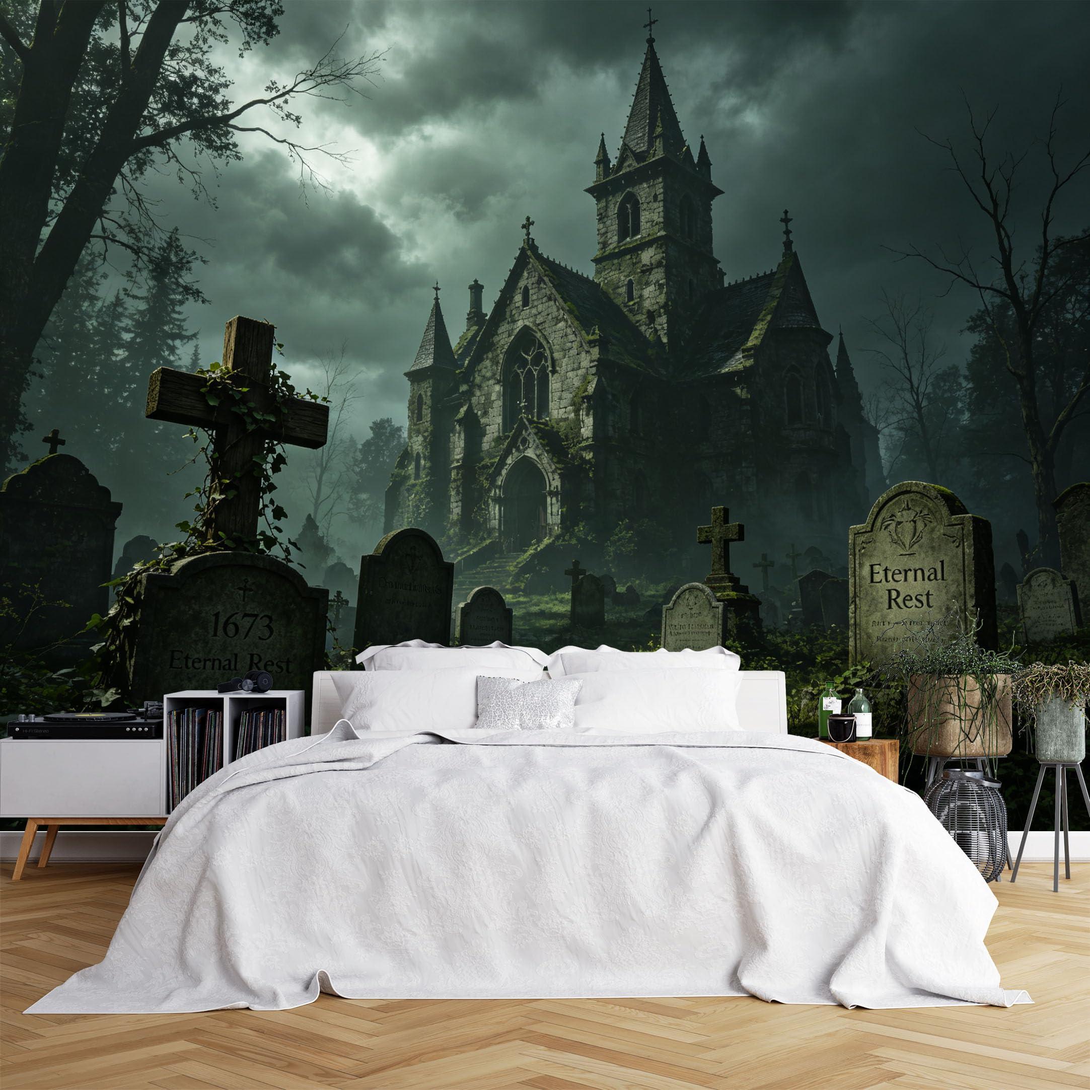 Lcythiazole Ch260615201 Custom Size Wall Murals Spooky Abandoned Church Graveyard Gothic Large Photo Wallpaper Self-Adhesive Wall Fabric (No Pvc) Removable Wallpaper For Halloween Room